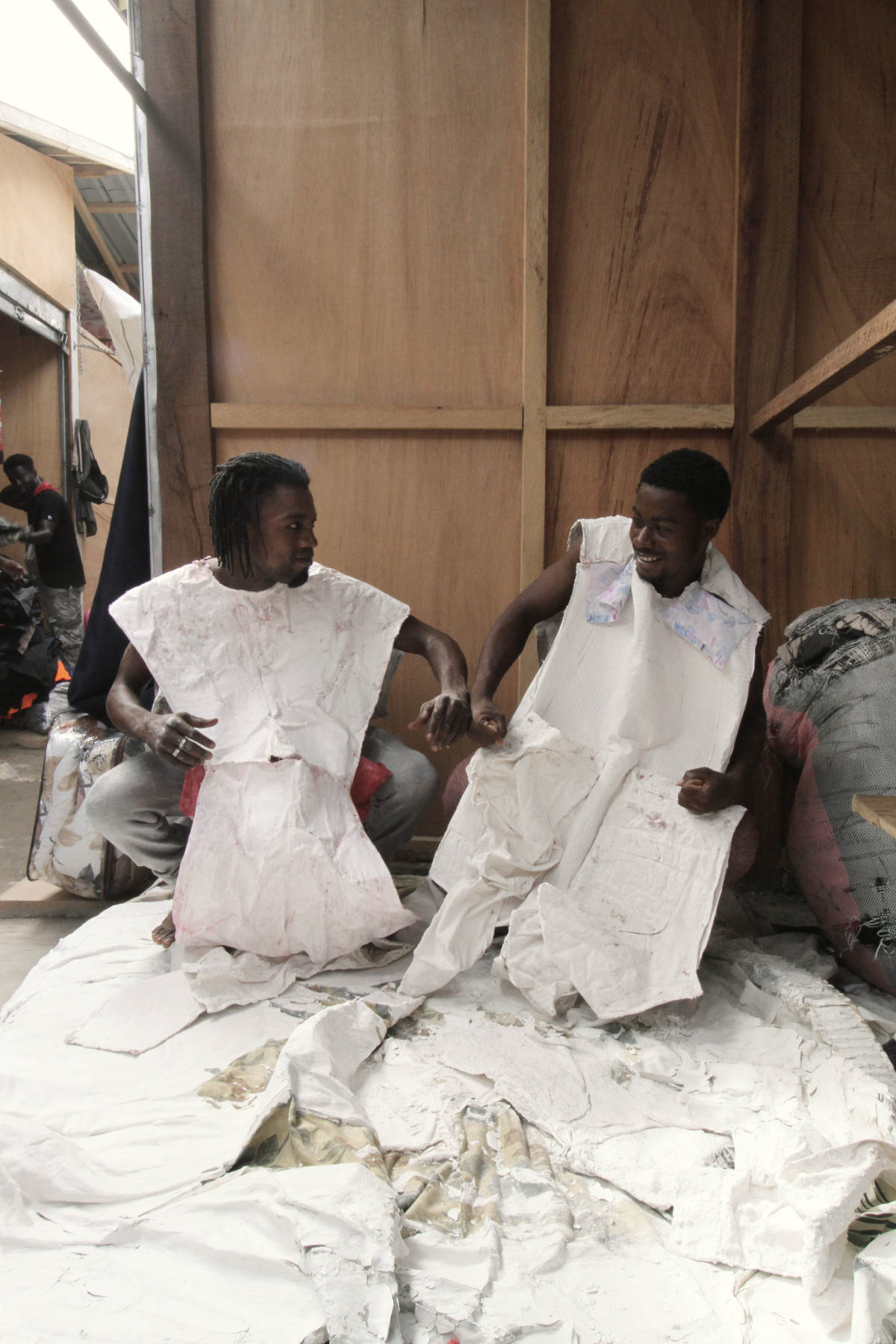 two ghosts - textile remnants stiffened with plaster - Zoe bilgeri and Edwin Boye/ 2025/ Accra - Kantamanto